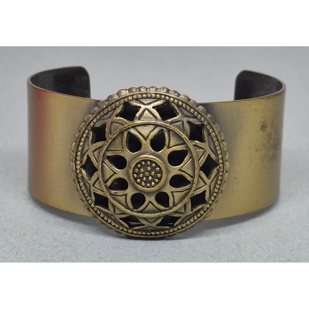 Vintage Brass Cuff Bracelet Woman Gold Tone Medallion Boho Statement Jewelry